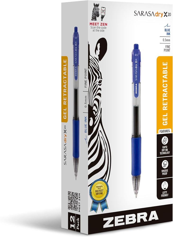 Zebra Pen Sarasa Dry X20 Retractable Gel Pen, Medium Point, 0.7mm, Blue Ink, 12-Pack - Image 1