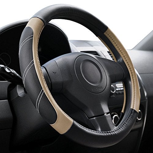 Elantrip Sport Leather Steering Wheel Cover 14 1/2 inch to 15 inch Universal, Padded Soft Grip Breathable for Car Truck SUV Jeep, Anti Slip Odorless Black and Beige - Image 1