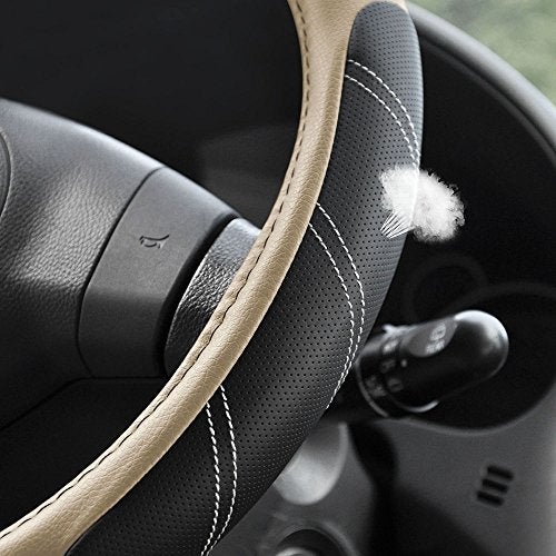 Elantrip Sport Leather Steering Wheel Cover 14 1/2 inch to 15 inch Universal, Padded Soft Grip Breathable for Car Truck SUV Jeep, Anti Slip Odorless Black and Beige - Image 3