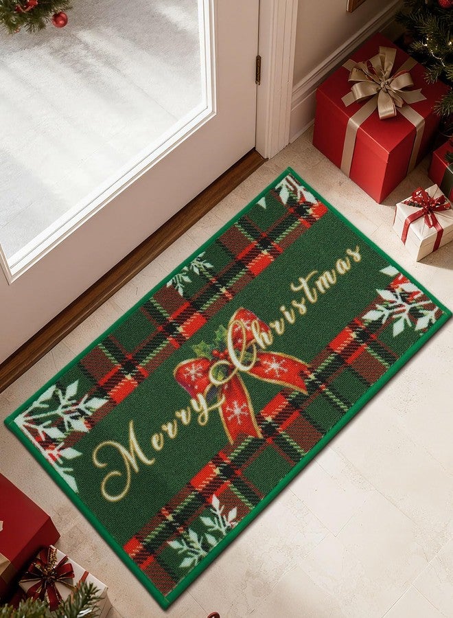 JSEI Door Mat Green Buffalo Plaid Christmas Mat 17"x30", Non-Slip Mats for Entryway with Merry Christmas Greeting and Bow Snowflake Design, Machine-Washable Xmas Doormat for Front Back Door - Image 4