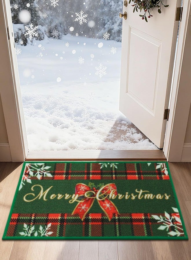 JSEI Door Mat Green Buffalo Plaid Christmas Mat 17"x30", Non-Slip Mats for Entryway with Merry Christmas Greeting and Bow Snowflake Design, Machine-Washable Xmas Doormat for Front Back Door - Image 1