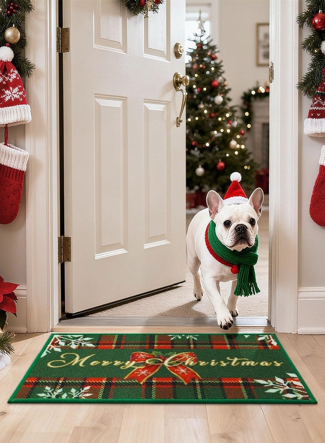 JSEI Door Mat Green Buffalo Plaid Christmas Mat 17"x30", Non-Slip Mats for Entryway with Merry Christmas Greeting and Bow Snowflake Design, Machine-Washable Xmas Doormat for Front Back Door - Image 2