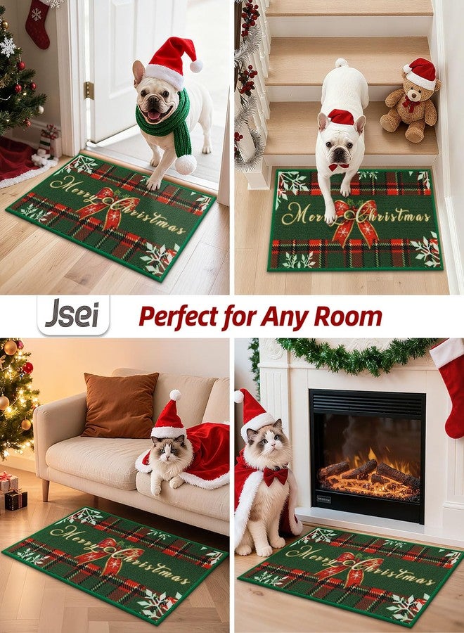 JSEI Door Mat Green Buffalo Plaid Christmas Mat 17"x30", Non-Slip Mats for Entryway with Merry Christmas Greeting and Bow Snowflake Design, Machine-Washable Xmas Doormat for Front Back Door - Image 3