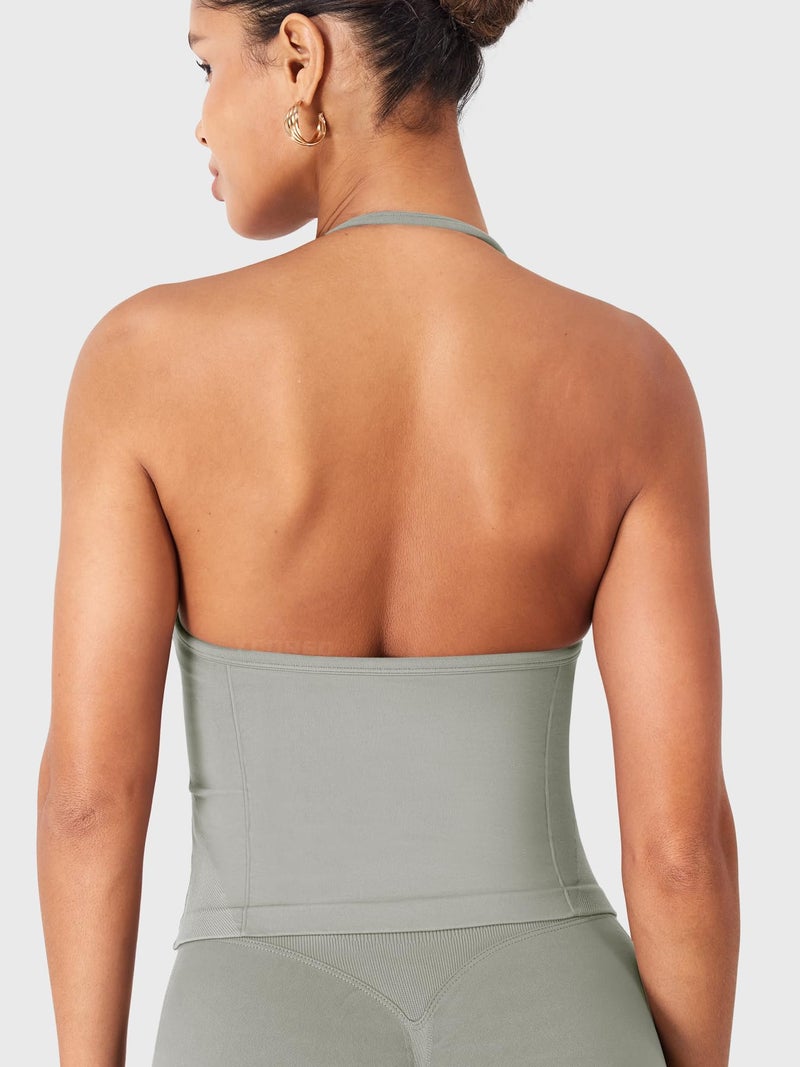 YEOREO SoftHue Impact Longline Strappy Top Women's Halter Workout Tank Tops Backless Gym Longline with Adjustable Strap Light Gray - Image 5