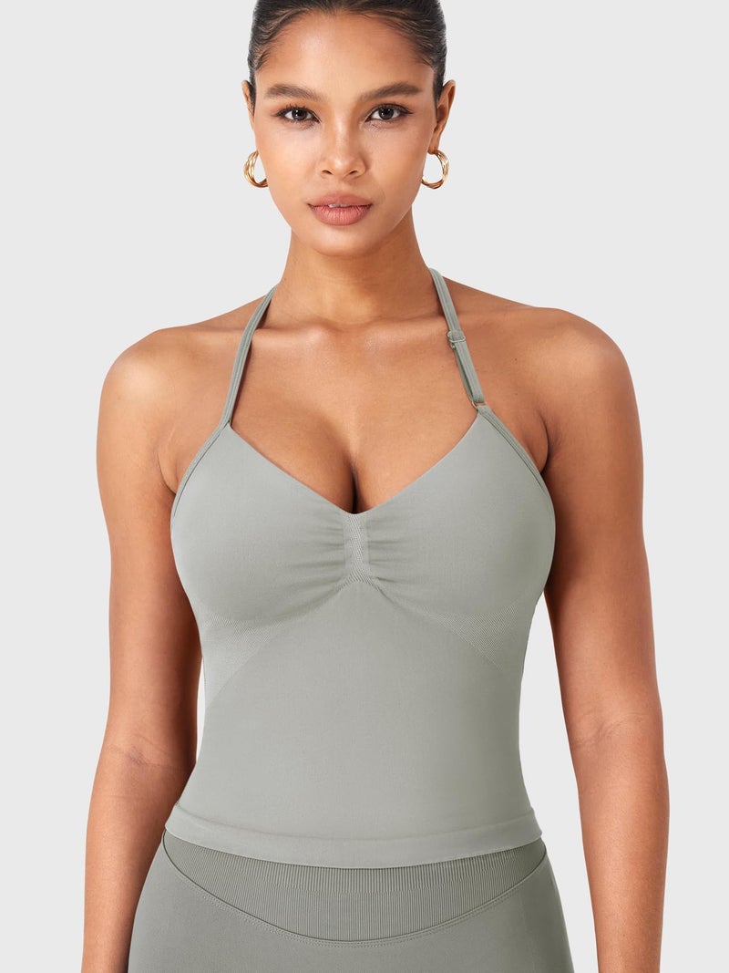 YEOREO SoftHue Impact Longline Strappy Top Women's Halter Workout Tank Tops Backless Gym Longline with Adjustable Strap Light Gray - Image 4