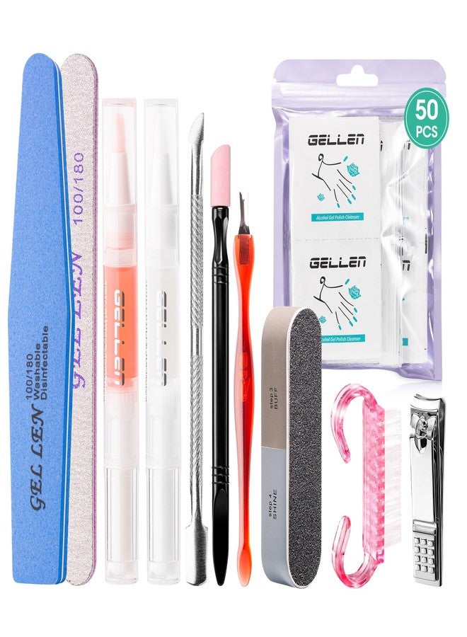 GELLEN Nail Cleanser Pads 50PCS with 10PCS Manicure Tools Kit: Ceramic Cuticle Pusher Pen, Remover and Cuticle Oil Nail Prep Care Kit, Nail File 100/180, Polishing Buffer, Nail Clipper & Brush - Image 1