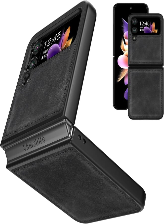 Next Next Store Premium Leather Case Compatible with Samsung Galaxy Z Flip 3 5G (2021), [PU Leather + Hard PC Back] - Ultra Thin Shockproof Protective Case