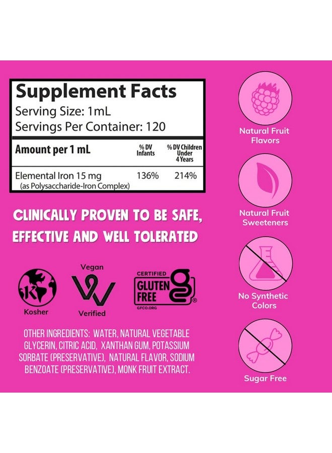 NovaFerrum Yummy | Pediatric Drops Liquid Iron Supplement for Infants and Toddlers | Liquid Iron for Kids | 15mg of Iron Per 1mL Dose | Ages 4 & Under | Gluten Free Certified | Sugar-Free | Raspberry - Image 5