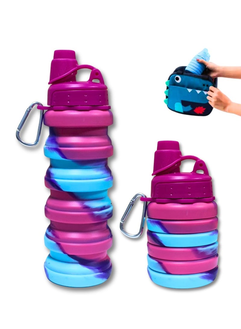 ARTC Silicone Collapsible Food Grade Water Bottle For Sports And Reusable Leakproof Foldable And Detachable BPA Free Bottle With Carabiner For Hiking, Cycling And Travel And School, Double Color - Image 1