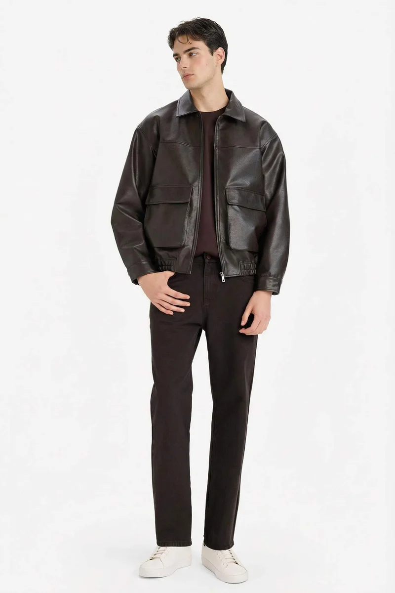 ديفاكتو Oversize Fit Shirt Collar Zip-Up Faux Leather Jacket