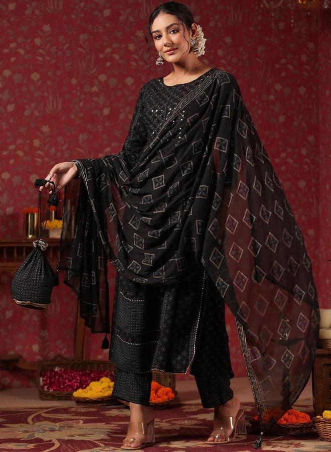 آي شين طقم كورتا وبنطال مع شال بلون أسود بخامة فيسكوز رايون - Image 4