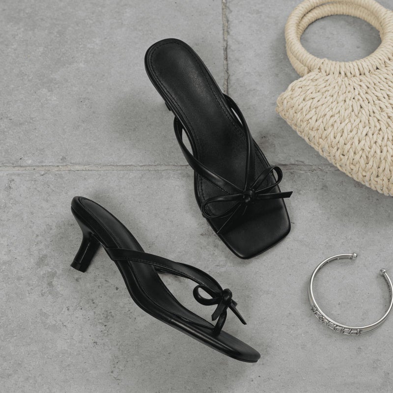 Mattiventon Black Thong Sandals For Women Kitten Heels Bow Heels Slip On Flip Flops Square Toe Summer Cute Party Dress Shoes - Image 5