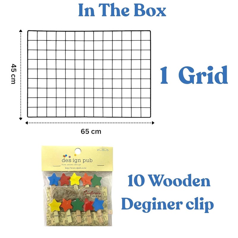 CreativeBuzz Steel Grid Photo Frame for Wall with 10 Wooden Deginer Clips | DIY Metal Wire Grid Wall Organizer | Aesthetic Photo Display Frame, Memo Board & Room Wall Décor for Home, Bedroom & Office (Black, 65x45cm) - Image 2