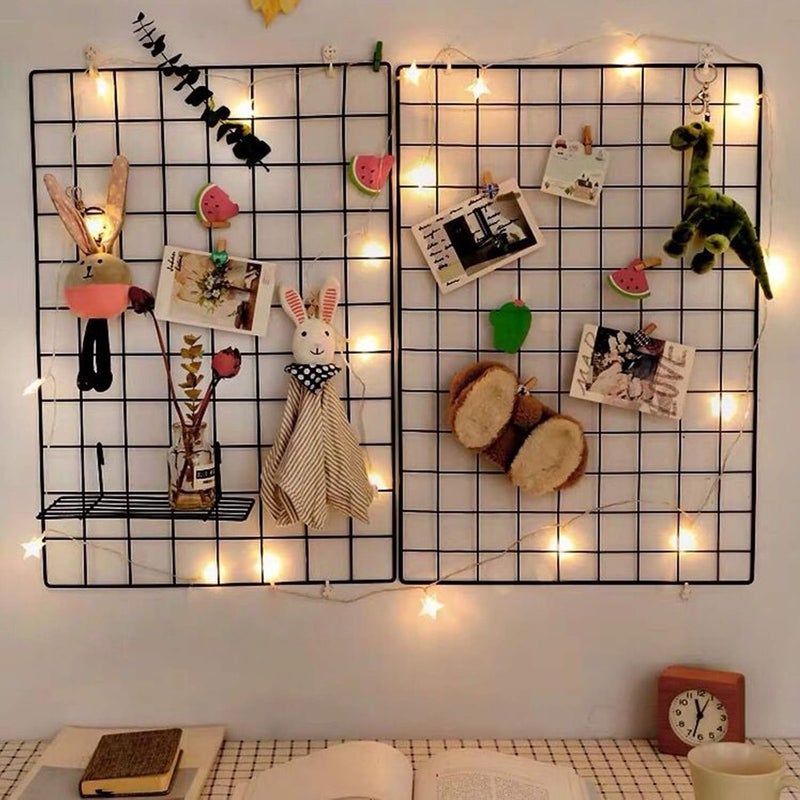 CreativeBuzz Steel Grid Photo Frame for Wall with 10 Wooden Deginer Clips | DIY Metal Wire Grid Wall Organizer | Aesthetic Photo Display Frame, Memo Board & Room Wall Décor for Home, Bedroom & Office (Black, 65x45cm) - Image 1