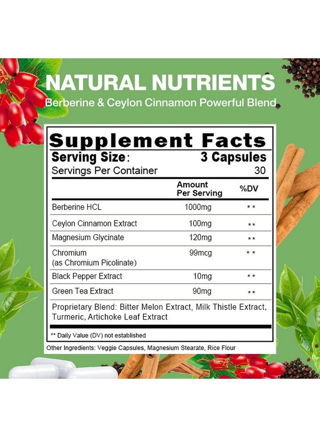 مكمل البربرين مع قرفة سيلان وبيكولينات الكروم، 10 في 1 بربرين 1000 ملغ لكل حصة، بربرين 5X لدعم الأيض والقلب والمناعة (90 كبسولة) - Image 2