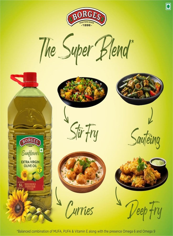 Borges Super blend of Extra virgin Olive oil & Sunflower oil - 5 ltr | Ideal for Deep frying, Shallow Frying, all types of cuisines - Image 4