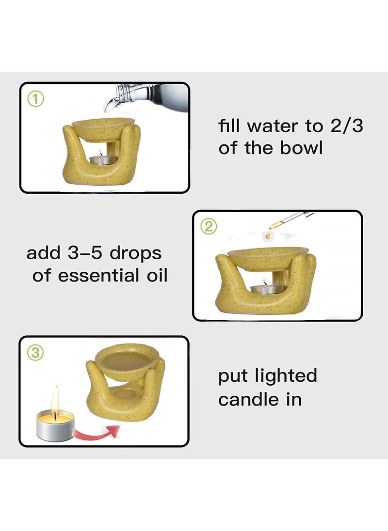 RTWARE RTWARE Ceramic Aroma Oil Burner Diffuser Lamp for Home Office Fragrance with 1 Tea Light Candle Mustard Handshape  - Image 5