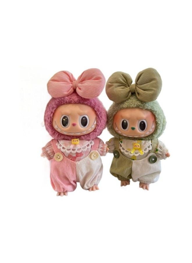 Labubu Doll Clothes Rab Cloth Vinyl Plush Doll Generation 2 Generation Spring Wild Summer Tide Play Strapped Pants Suit-Height:Sweetheart Green Strap Set--small 17cm  - Image 5