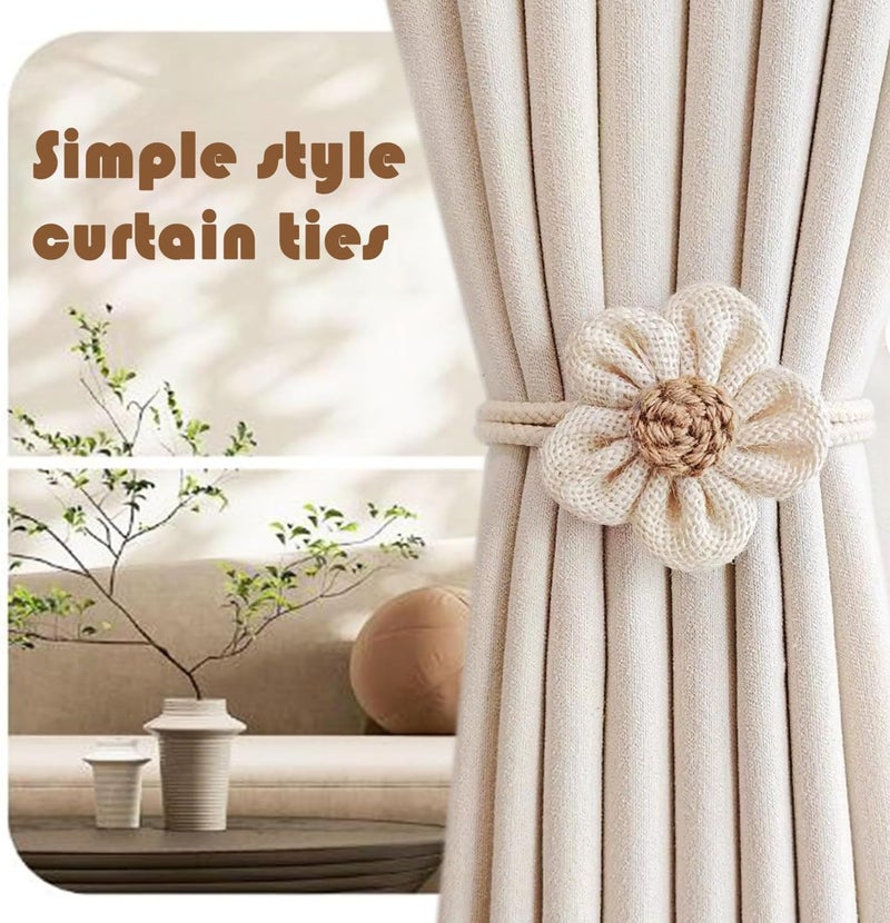 Bukela Handmade Pearl Curtain Tiebacks Boho Flower Curtain Holdbacks with Buckle Pins Simple Elegant Sunflower Rope Curtain Tiebacks for Boho Bedroom Decor Living Room Kitchen（2Pcs Cream&2Pcs Khaki） - Image 5