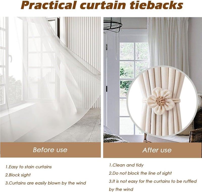 Bukela Handmade Pearl Curtain Tiebacks Boho Flower Curtain Holdbacks with Buckle Pins Simple Elegant Sunflower Rope Curtain Tiebacks for Boho Bedroom Decor Living Room Kitchen（2Pcs Cream&2Pcs Khaki） - Image 4