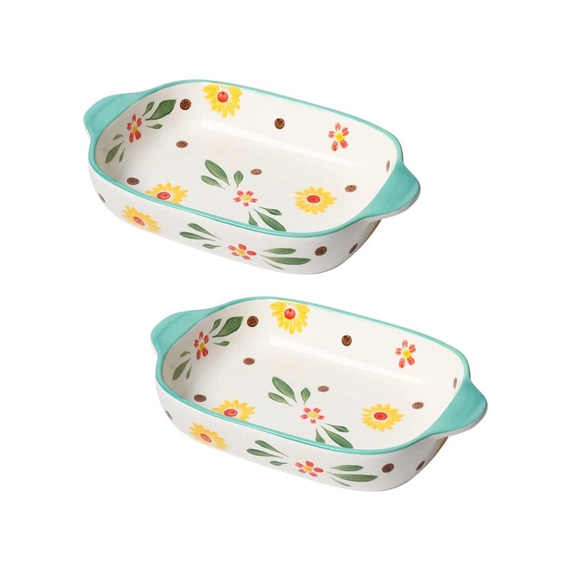 OLWICK Rectangular 2Pcs Ceramic Serving Bowl/Dish, 600ml Baking Dish, Microwave Safe Casserole Dishes for Oven, Lasagna Pans Deep with Handles for Kitchen (Light Green) - Image 1