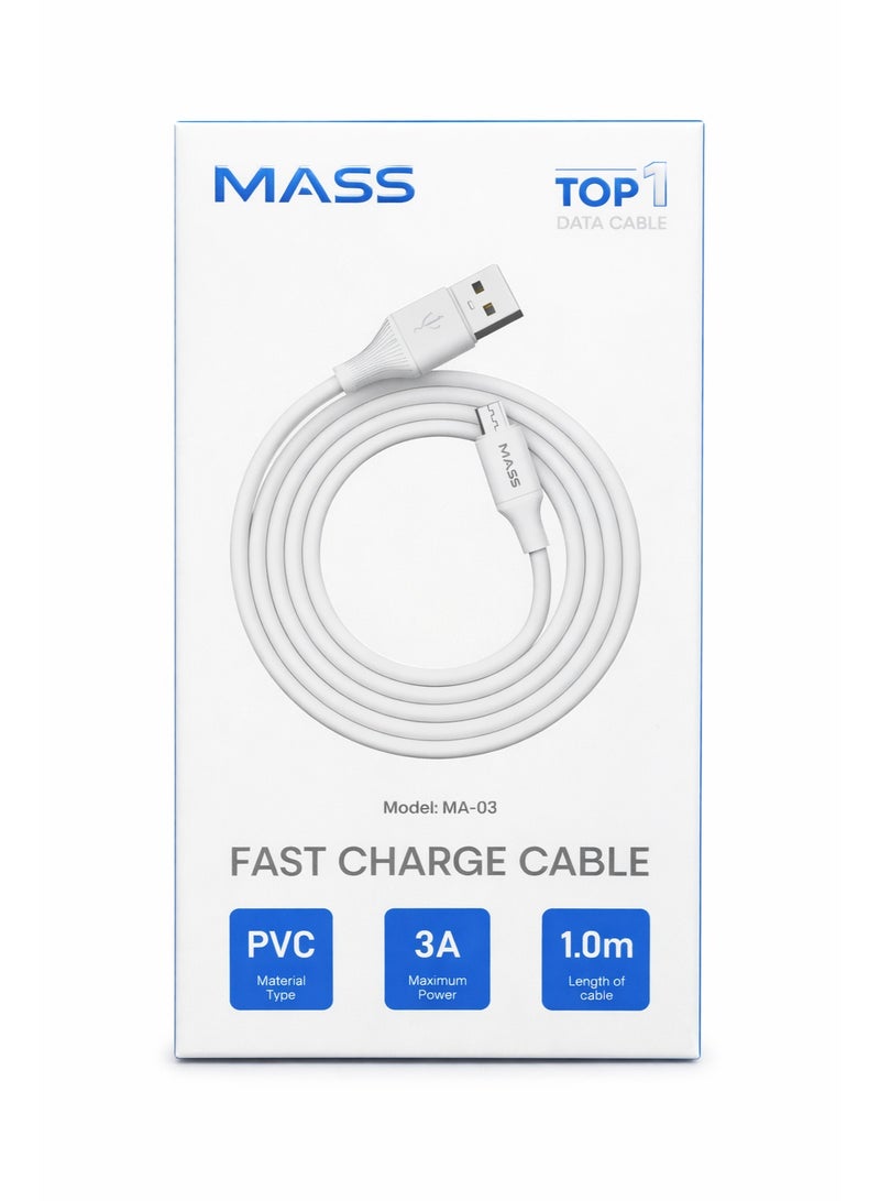 Mass Fast Charge Cable, Data & Charge | Nylon Protective | MICRO, White, Model: MA-03 - 1 Year Local Warranty. - Image 1