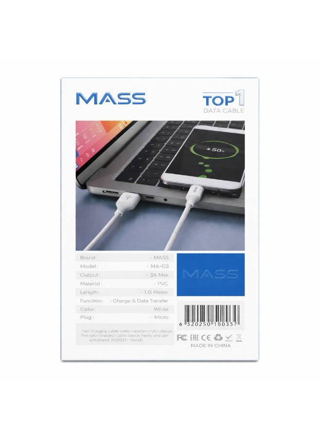 Mass Fast Charge Cable, Data & Charge | Nylon Protective | MICRO, White, Model: MA-03 - 1 Year Local Warranty. - Image 2