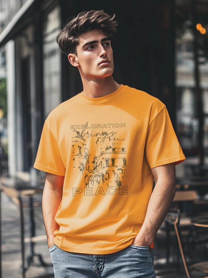 NOBERO Men's Orange Printed T-Shirt for Men