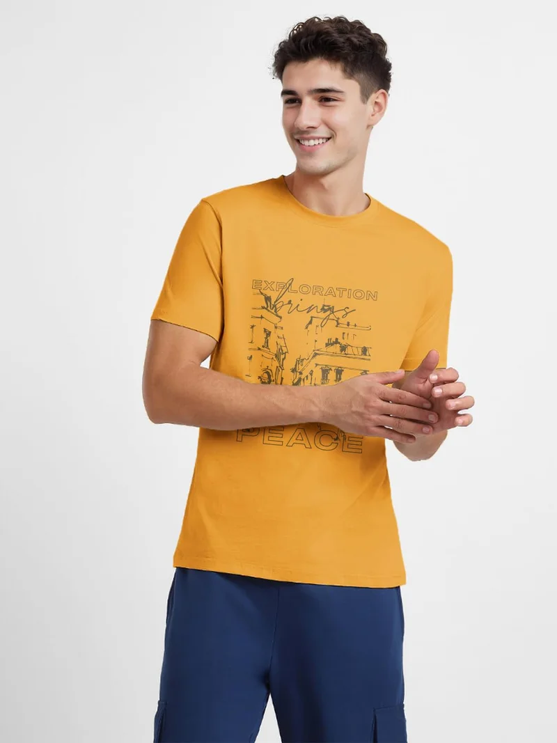 نوبيرو Men's Orange Printed T-Shirt for Men