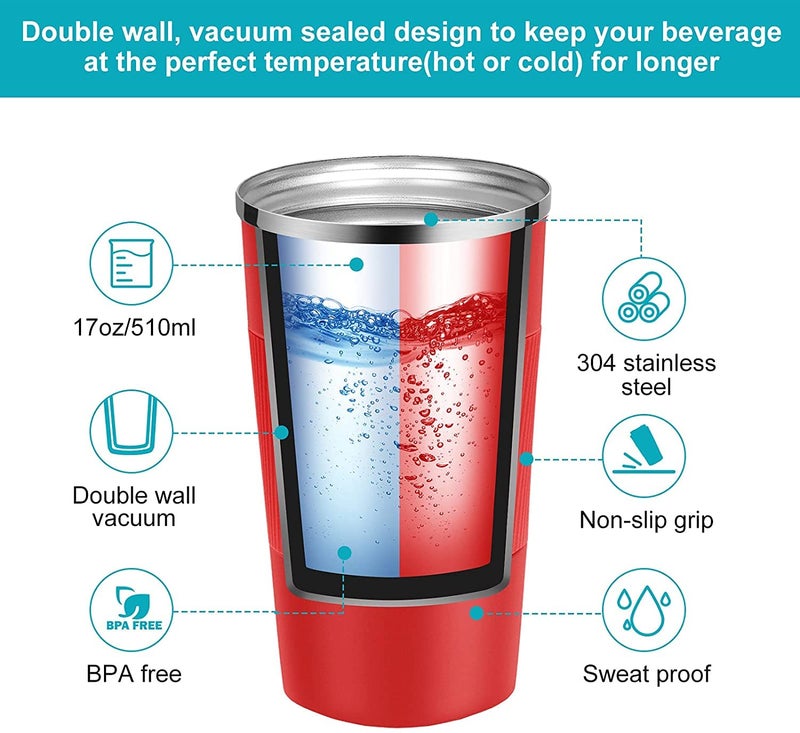 Wosta Insulated Travel Coffee Mug 2.0 | Double Wall Vacuum Stainless Steel Fat-Bottomed Coffee Cup Tumbler with Spill Proof Flip Lid for Hot and Ice Beverages (Red Color, 380 Ml) - Image 3