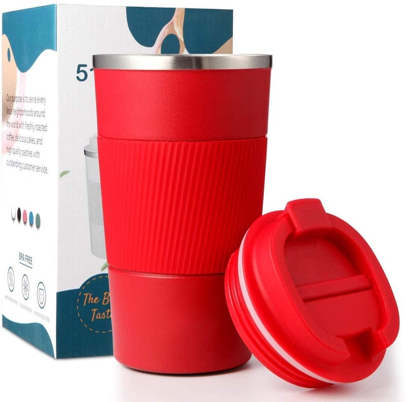 Wosta Insulated Travel Coffee Mug 2.0 | Double Wall Vacuum Stainless Steel Fat-Bottomed Coffee Cup Tumbler with Spill Proof Flip Lid for Hot and Ice Beverages (Red Color, 380 Ml) - Image 1