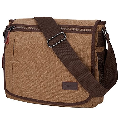 Modoker Messenger Bag for Men, 13 Inches Laptop Satchel Bags, Canvas Shoulder Bag with Bottle Pocket, Brown - Image 1