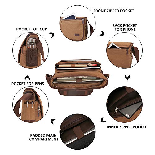 Modoker Messenger Bag for Men, 13 Inches Laptop Satchel Bags, Canvas Shoulder Bag with Bottle Pocket, Brown - Image 4