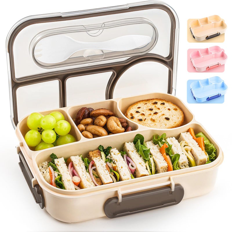 EASYFUN Bento Box Adult, Lunch Box, 4-Compartment Lunch Containers, Drop-Proof, Dishwasher Safe & Made with BPA-Free Materials(Khaki) - Image 1