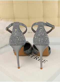 BIGTREE 10cm Women's Sandals With Sparkling Rhinestones With High Heels And Shallow Cut Points Grey  - Image 2