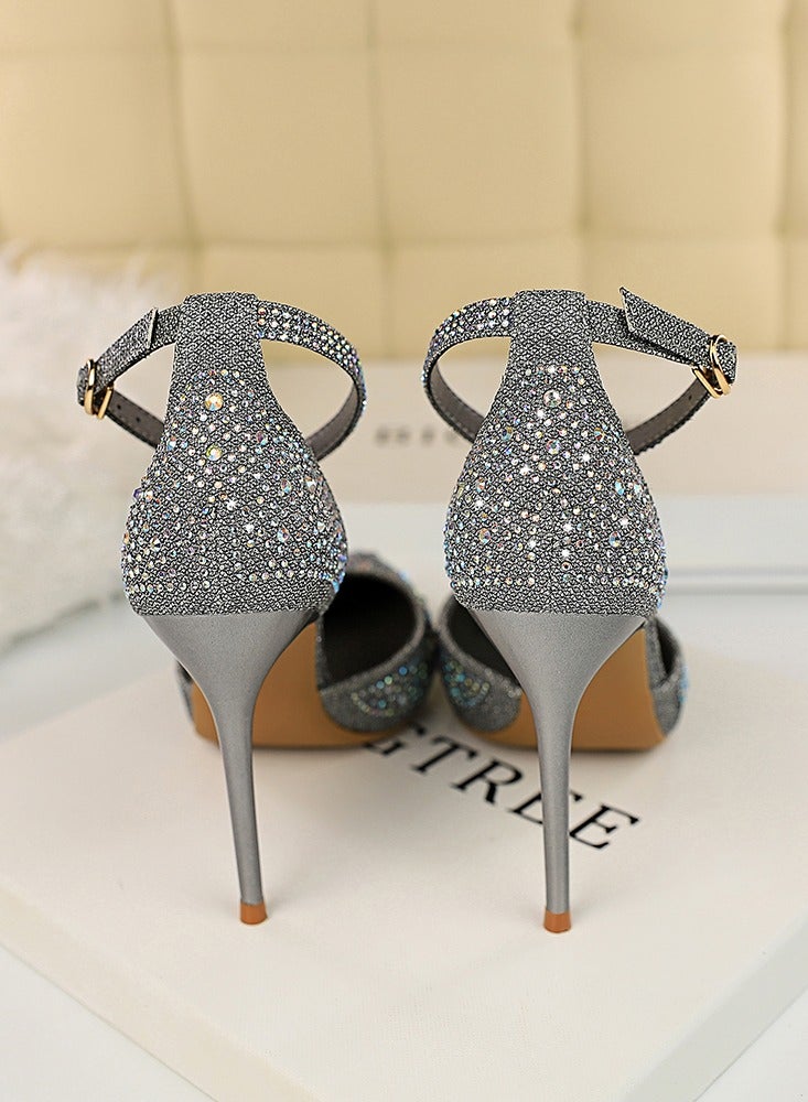 BIGTREE 10cm Women's Sandals With Sparkling Rhinestones With High Heels And Shallow Cut Points Grey - Image 2