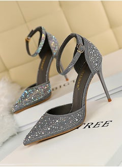 BIGTREE 10cm Women's Sandals With Sparkling Rhinestones With High Heels And Shallow Cut Points Grey  - Image 1