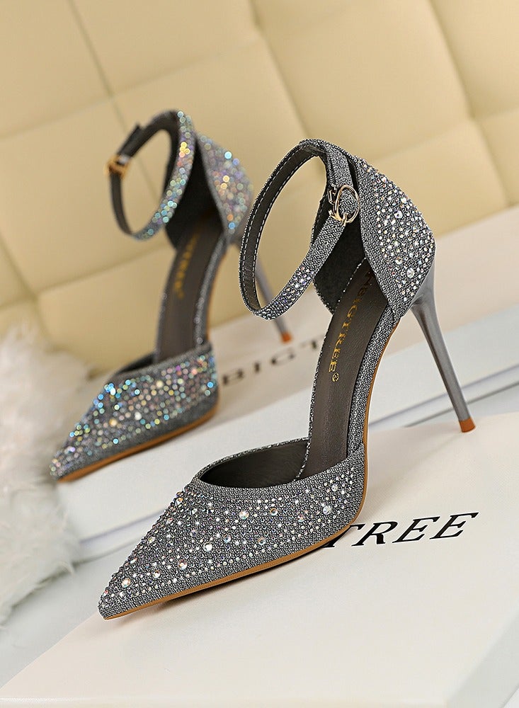 BIGTREE 10cm Women's Sandals With Sparkling Rhinestones With High Heels And Shallow Cut Points Grey - Image 1
