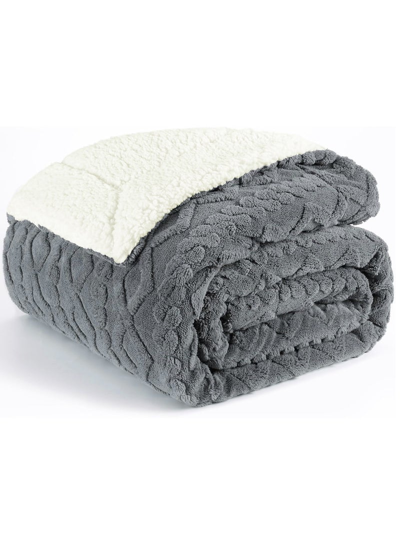 Fabienne Jacquard Sherpa Blanket Single Size Faux Fur Bed Blanket 160x220cm Flannel Fleece Reversible Blanket Warm and Plush Throw Blanket Grey - Image 1