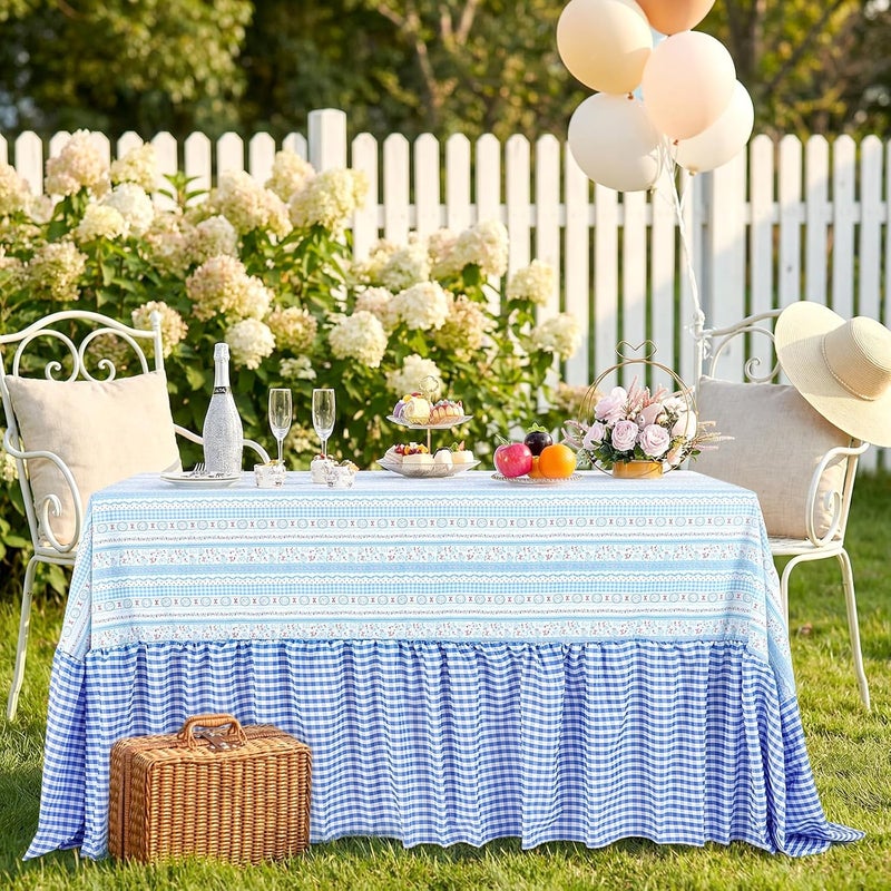 SoarDream Easter Tablecloth Blue Bunny Easter Ruffle Waterproof Table Cloth - 90 x 132 Inch Spring Flower Rabbit Eggs Rectangle Table Covers for Holiday Picnic Baby Shower Birthday Wedding Party Decoration - Image 1