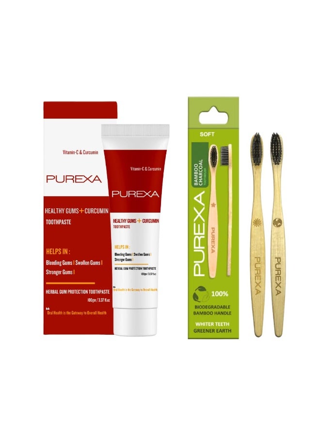 PUREXA Combo| healthy gums toothpaste 100 gand two bamboo charcoal toothbrush| Daily Gum Protection with Walnut, Almond, Tumbru, and Babool. - Image 1