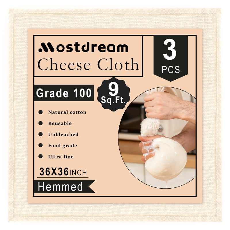 Mostdream Cheese Cloths, 3Pcs 36x36 Inch Grade 100 Precut Cheese Cloths for Straining, Cotton Unbleached, Reusable Muslin Cheesecloth for Straining, Making Yogurt, Cooking Turkey, Crafts - 9 Sq.Ft - Image 1