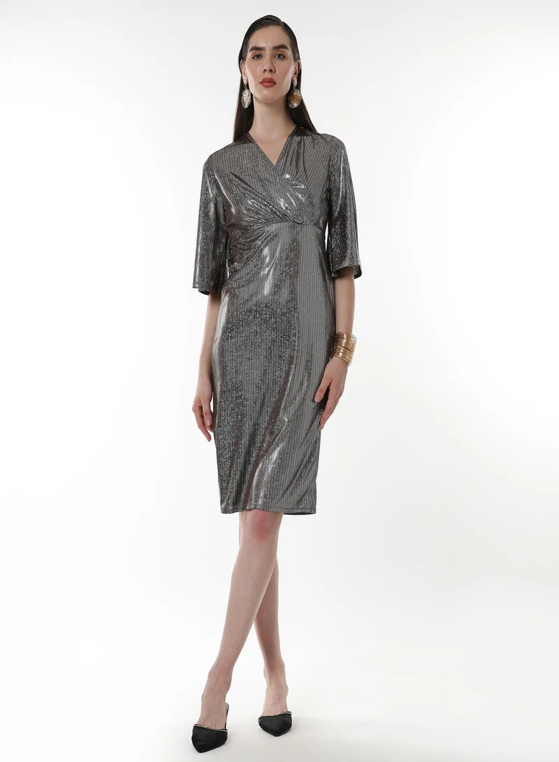 Pinacolada  Women's Antique Silver Metallic-Chevron Wrap Dress for Women | Best Price UAE