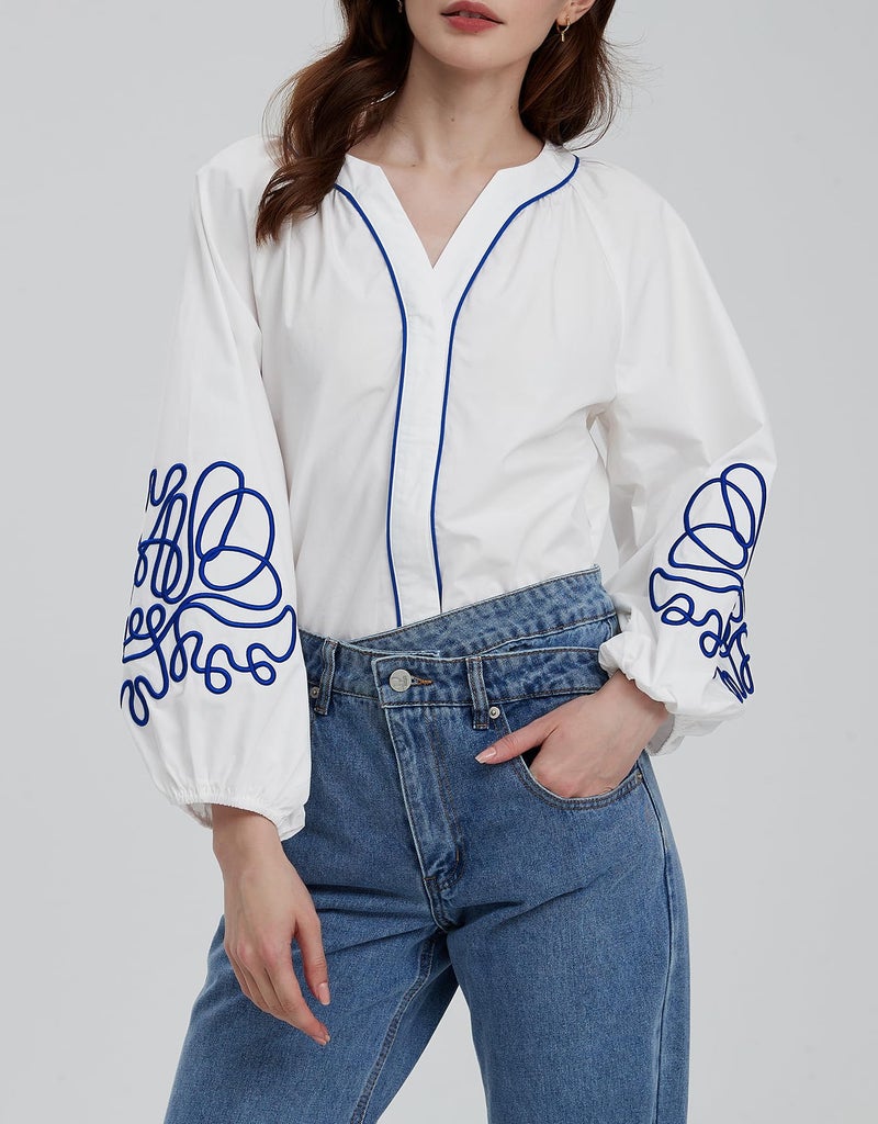 Kedera Women's Embroidered V Neck Blouses Tunic Summer Fall Trendy Tops 2025 Casual Floral Boho Long Balloon Sleeve Shirts White - Image 4