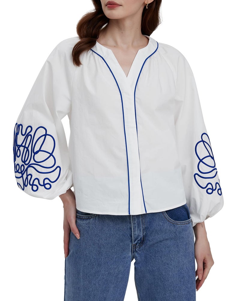 Kedera Women's Embroidered V Neck Blouses Tunic Summer Fall Trendy Tops 2025 Casual Floral Boho Long Balloon Sleeve Shirts White - Image 1