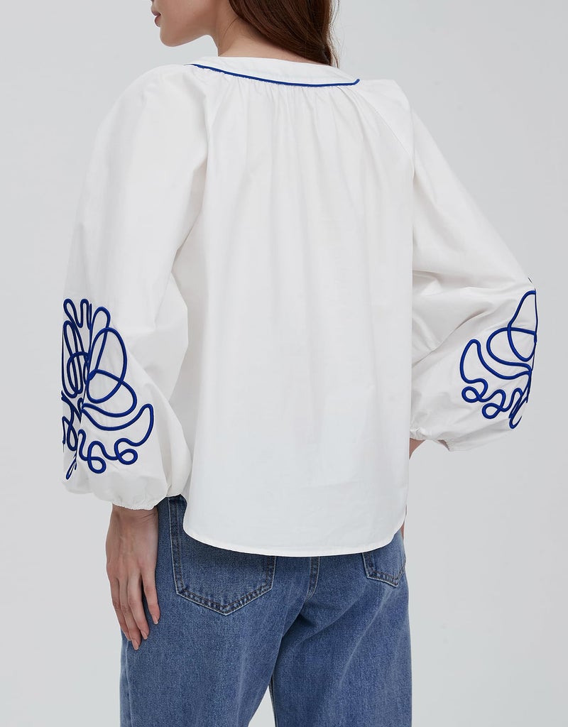 Kedera Women's Embroidered V Neck Blouses Tunic Summer Fall Trendy Tops 2025 Casual Floral Boho Long Balloon Sleeve Shirts White - Image 2