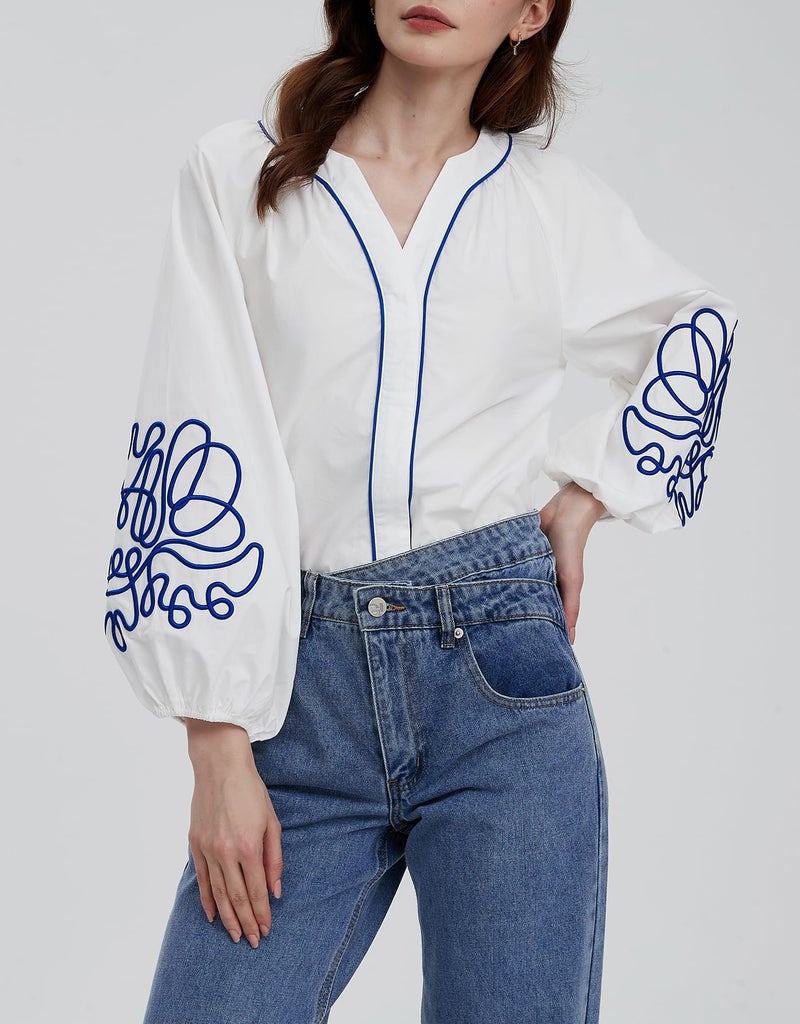 Kedera Women's Embroidered V Neck Blouses Tunic Summer Fall Trendy Tops 2025 Casual Floral Boho Long Balloon Sleeve Shirts White - Image 5