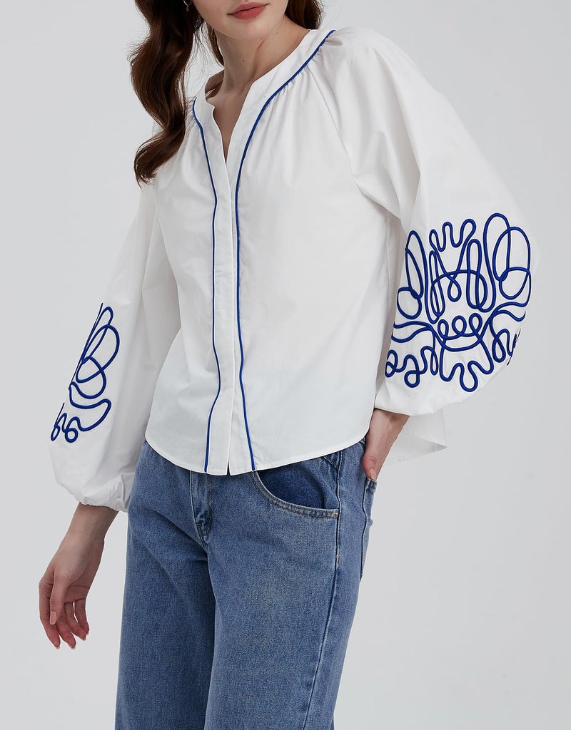 Kedera Women's Embroidered V Neck Blouses Tunic Summer Fall Trendy Tops 2025 Casual Floral Boho Long Balloon Sleeve Shirts White - Image 3