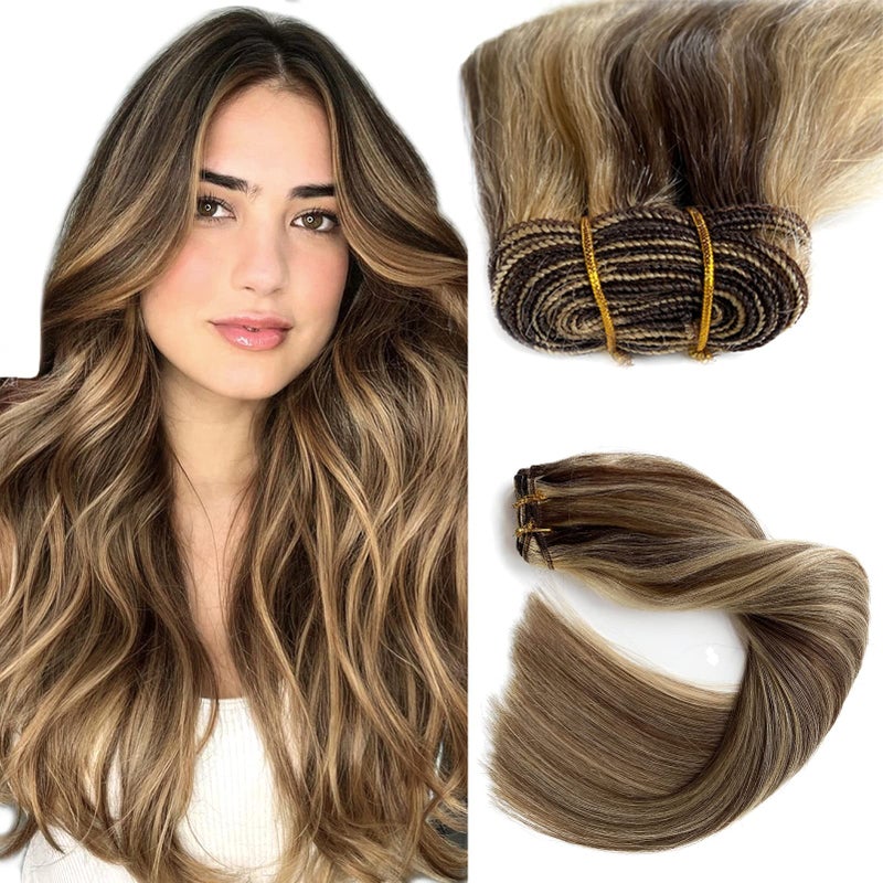Sew In Real Human Hair Extensions 20 Inch 100G Weft Ash Brown Balayage Honey Blonde Highlights Hand Tied Remy Human Hair Bundles Sew In for Women