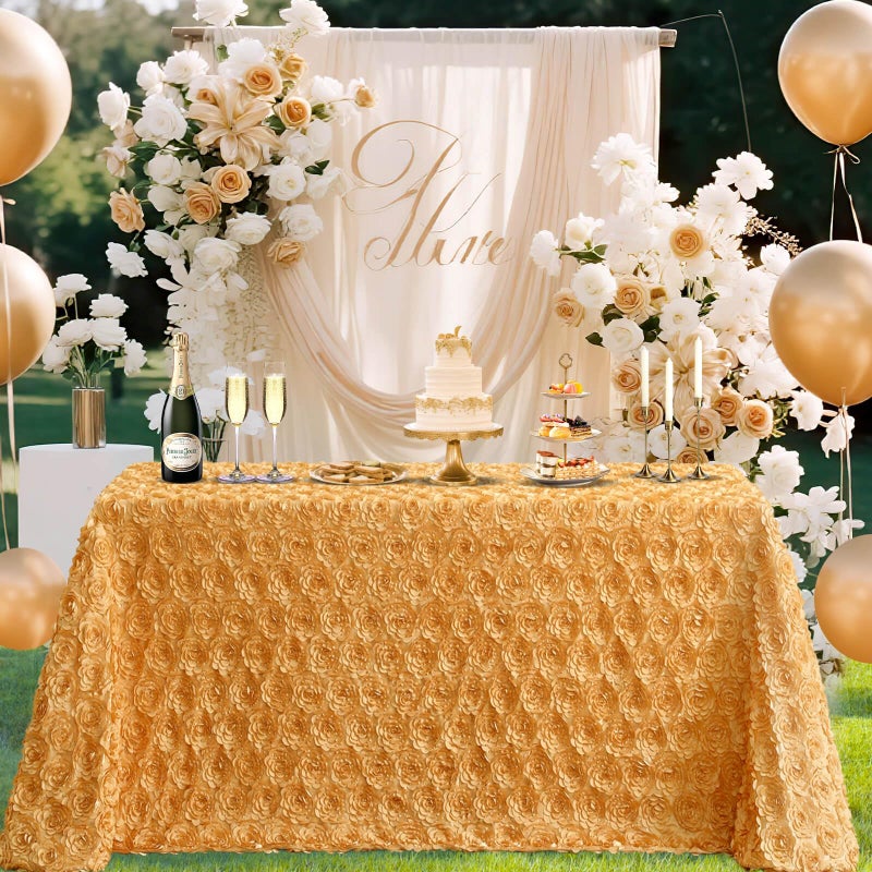 BCOOL Gold Tablecloth Rosette 90x132 Inch 3D Floral Table Fabric Rectangle Rose Satin Table Overlay for Birthday Wedding Party Holiday Decorations